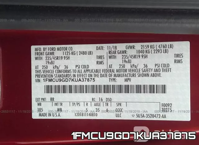 1FMCU9GD7KUA37875 фото 10