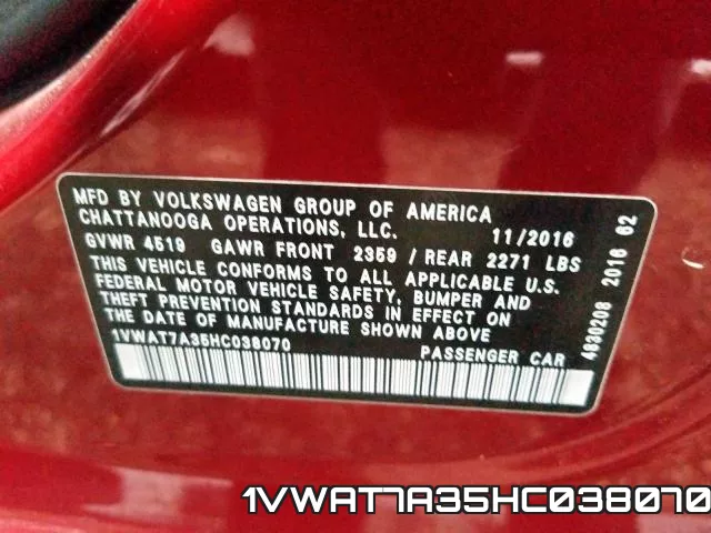 1VWAT7A35HC038070 фото 2