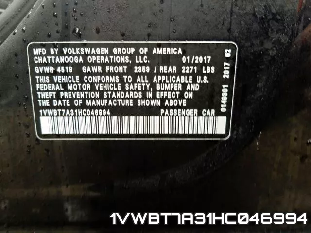 1VWBT7A31HC046994 фото 2