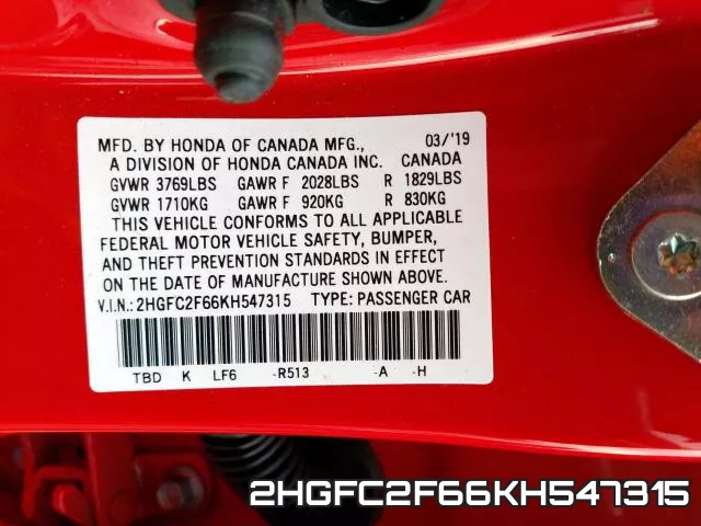 2HGFC2F66KH547315 фото 2