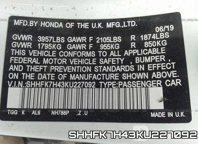 SHHFK7H43KU227092 фото 10