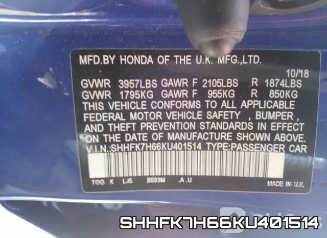SHHFK7H66KU401514 фото 10