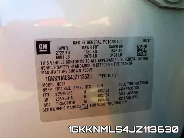 1GKKNMLS4JZ113630 фото 2