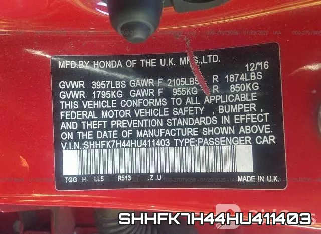 SHHFK7H44HU411403 фото 10