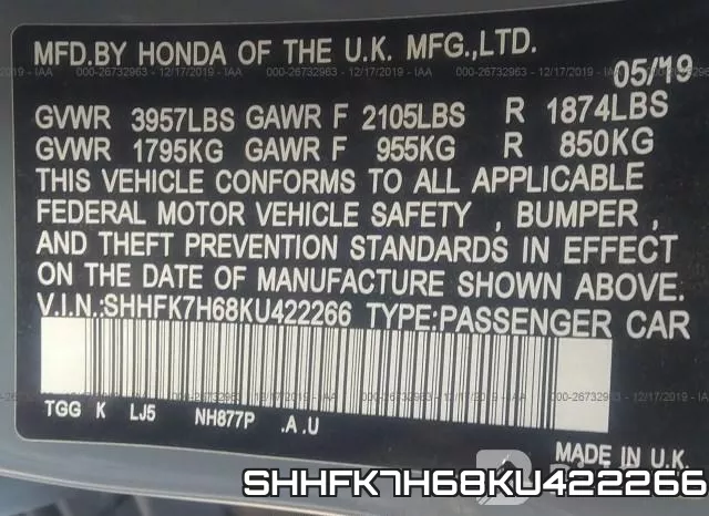 SHHFK7H68KU422266 фото 10