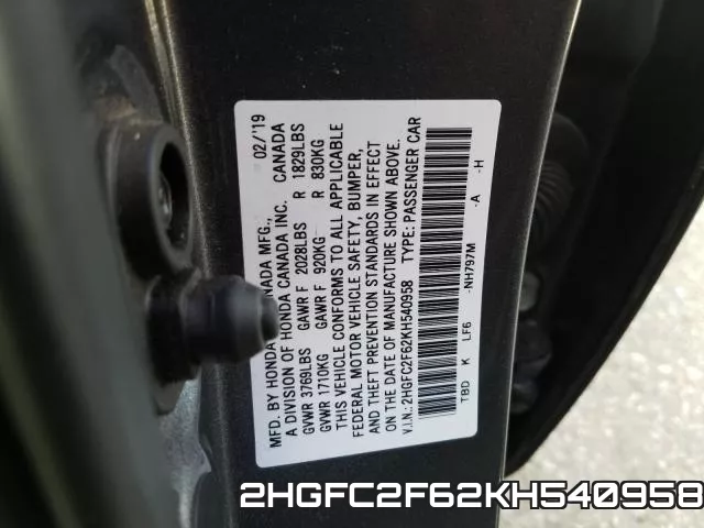 2HGFC2F62KH540958 фото 2