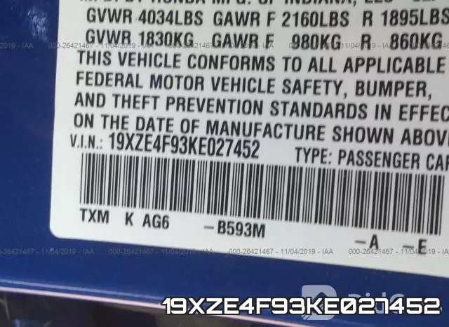 19XZE4F93KE027452 фото 10