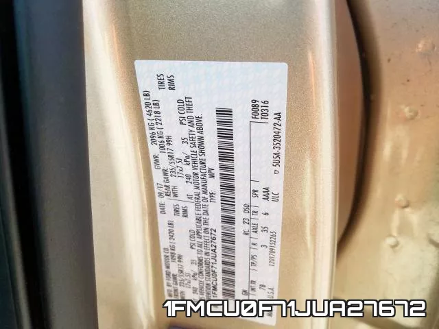 1FMCU0F71JUA27672 фото 2