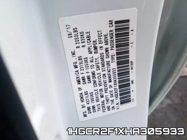 1HGCR2F1XHA305933 фото 2