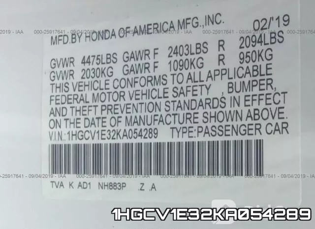 1HGCV1E32KA054289 фото 10