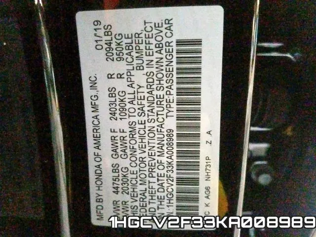 1HGCV2F33KA008989 фото 2