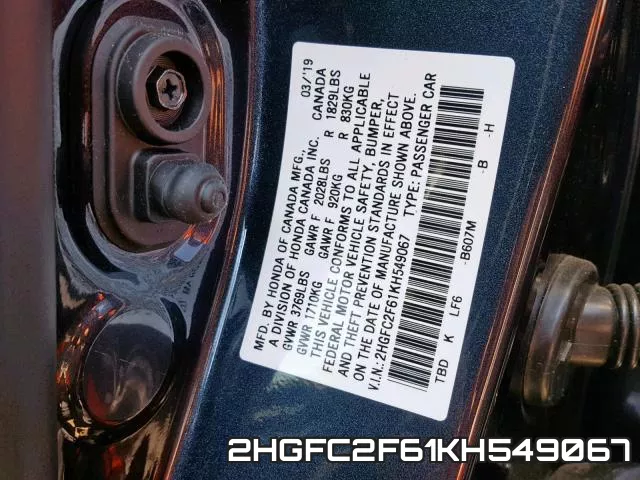 2HGFC2F61KH549067 фото 2