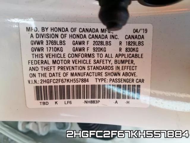2HGFC2F67KH557884 фото 2