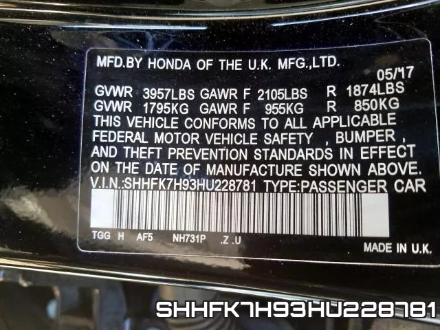 SHHFK7H93HU228781 фото 2