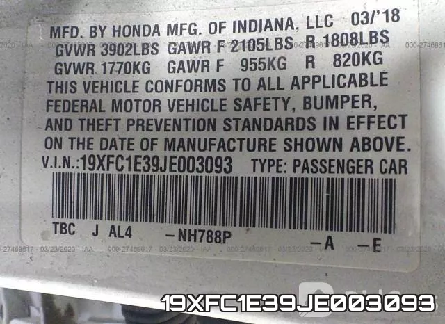19XFC1E39JE003093 фото 10