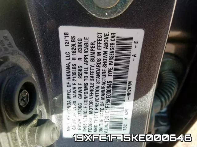 19XFC1F75KE000646 фото 2
