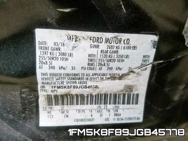 1FM5K8F89JGB45778 фото 2