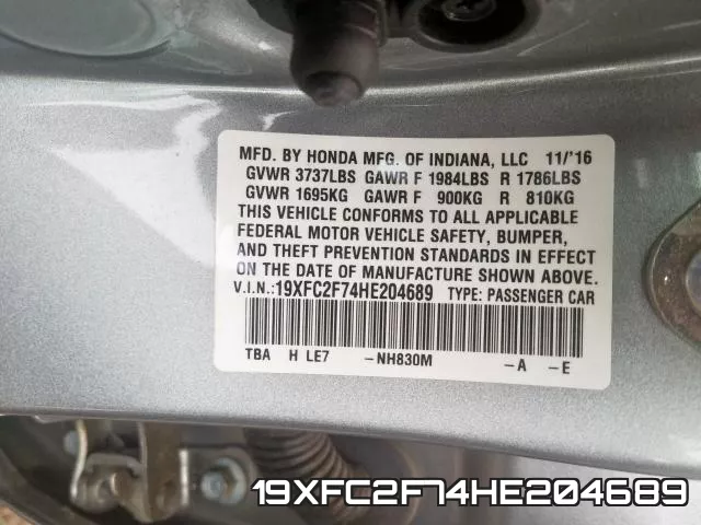 19XFC2F74HE204689 фото 2