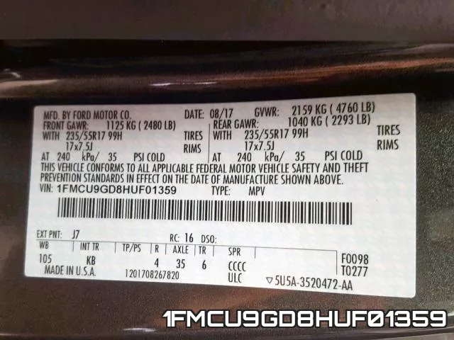 1FMCU9GD8HUF01359 фото 2