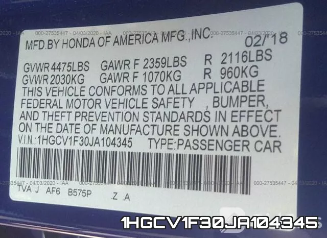 1HGCV1F30JA104345 фото 10
