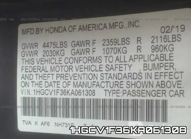 1HGCV1F36KA061308 фото 10