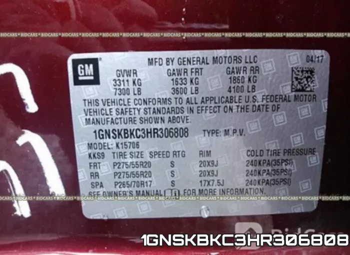 1GNSKBKC3HR306808 фото 10