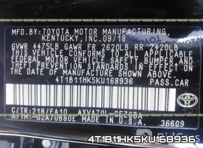 4T1B11HK5KU168936 фото 10