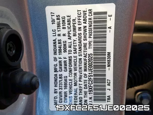 19XFC2F51JE002025 фото 2