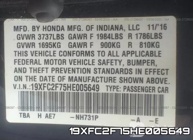 19XFC2F75HE005649 фото 10