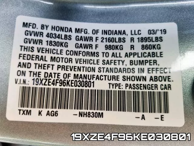 19XZE4F96KE030801 фото 2