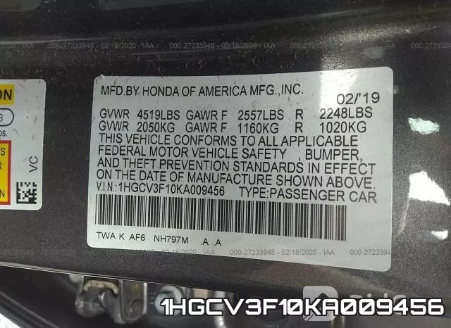 1HGCV3F10KA009456 фото 10
