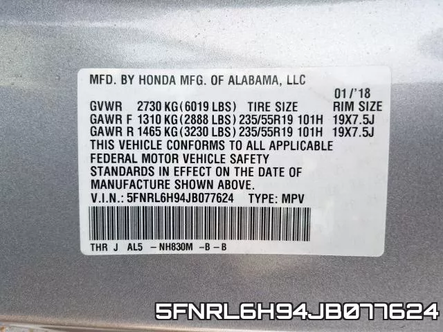 5FNRL6H94JB077624 фото 2