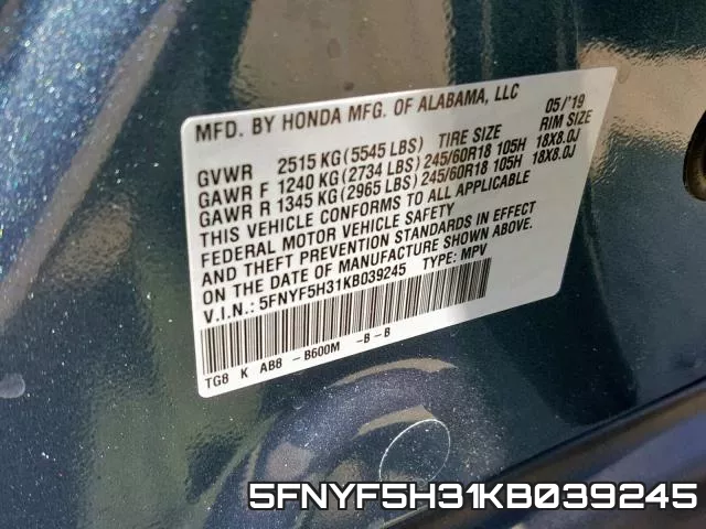 5FNYF5H31KB039245 фото 2
