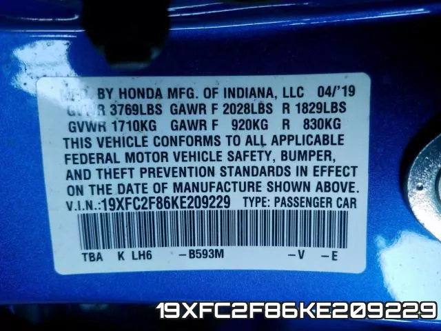 19XFC2F86KE209229 фото 2