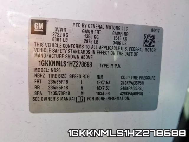 1GKKNMLS1HZ278688 фото 2