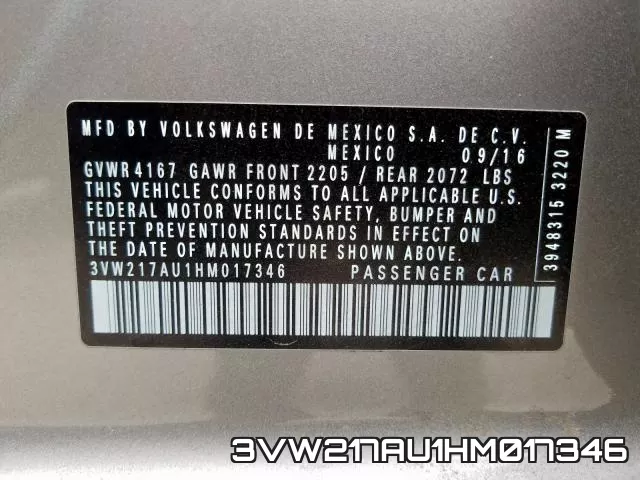 3VW217AU1HM017346 фото 2