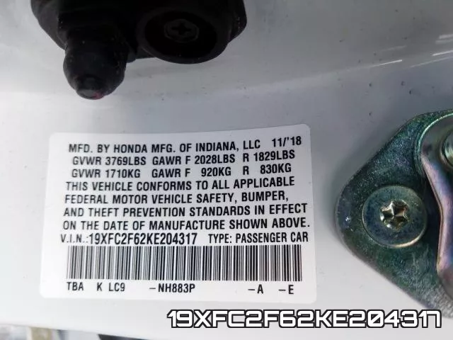 19XFC2F62KE204317 фото 2