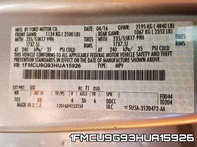 1FMCU9G93HUA15926 фото 2