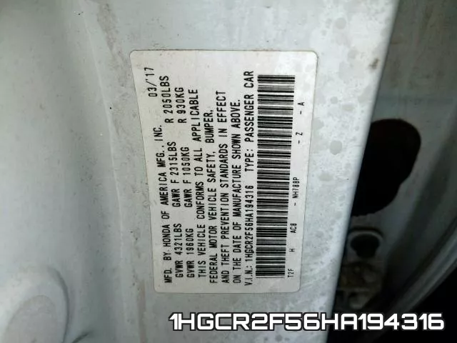 1HGCR2F56HA194316 фото 2