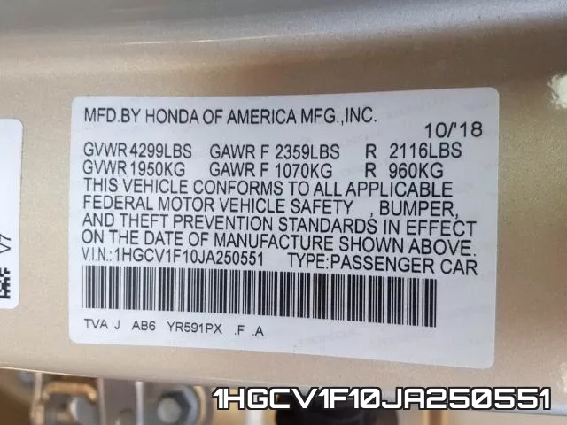 1HGCV1F10JA250551 фото 2