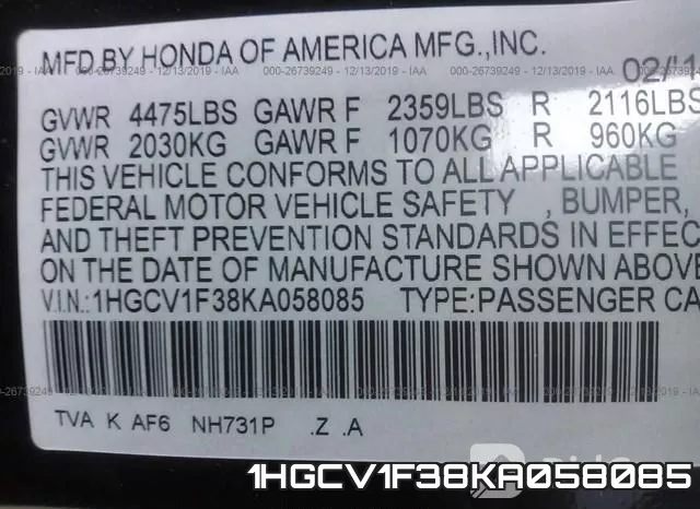 1HGCV1F38KA058085 фото 10