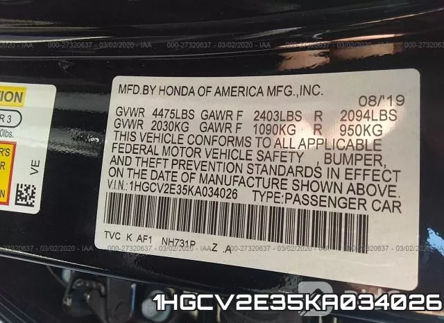 1HGCV2E35KA034026 фото 10