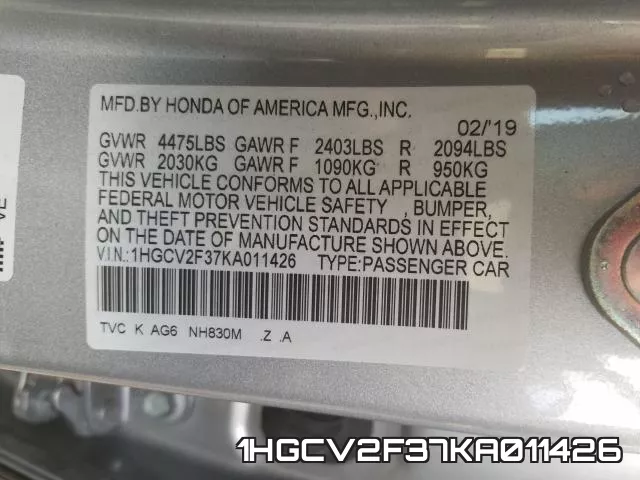 1HGCV2F37KA011426 фото 2