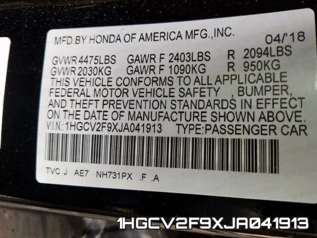 1HGCV2F9XJA041913 фото 2