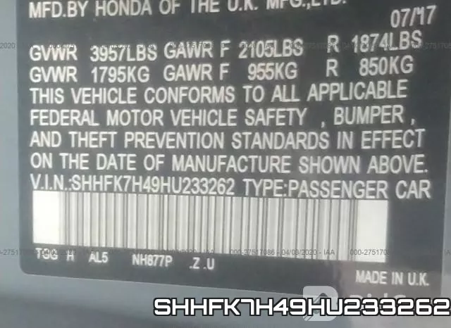 SHHFK7H49HU233262 фото 10
