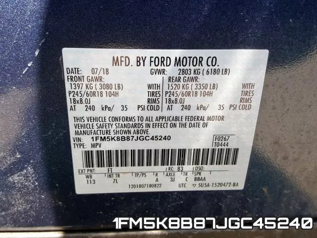 1FM5K8B87JGC45240 фото 2