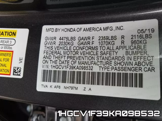 1HGCV1F39KA098532 фото 2