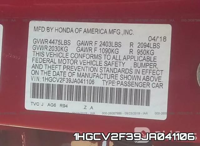 1HGCV2F39JA041106 фото 10