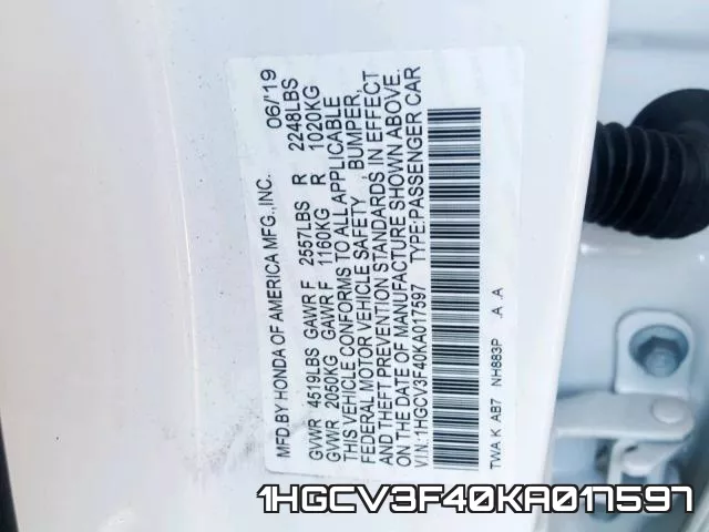 1HGCV3F40KA017597 фото 2
