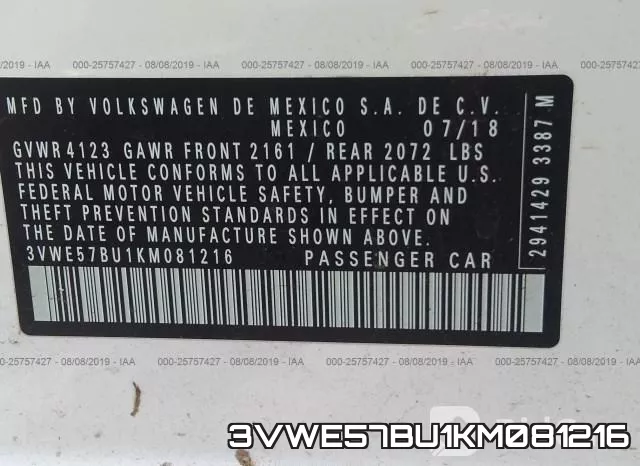 3VWE57BU1KM081216 фото 10